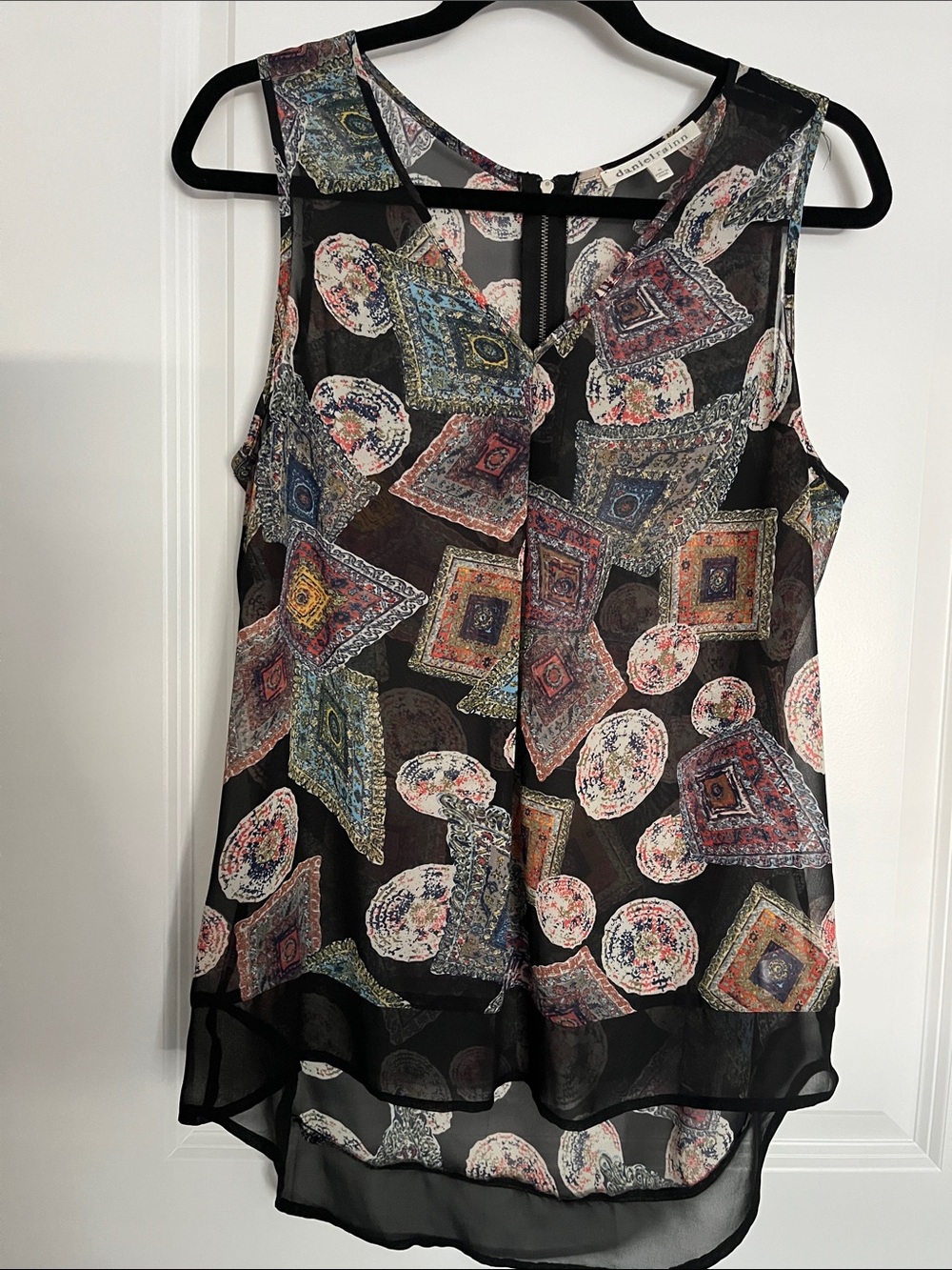 Daniel Rainn Sheer Geometric & Medallion Print Tank Top - Black Multicolor